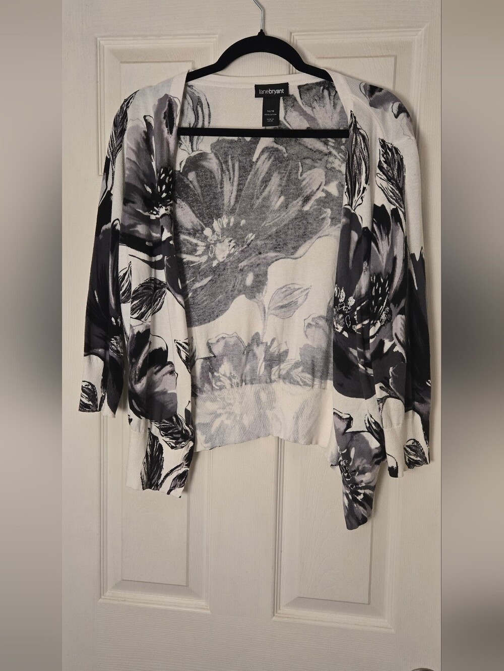 Lane Bryant White and Black Floral Draped Open-Front Cardigan